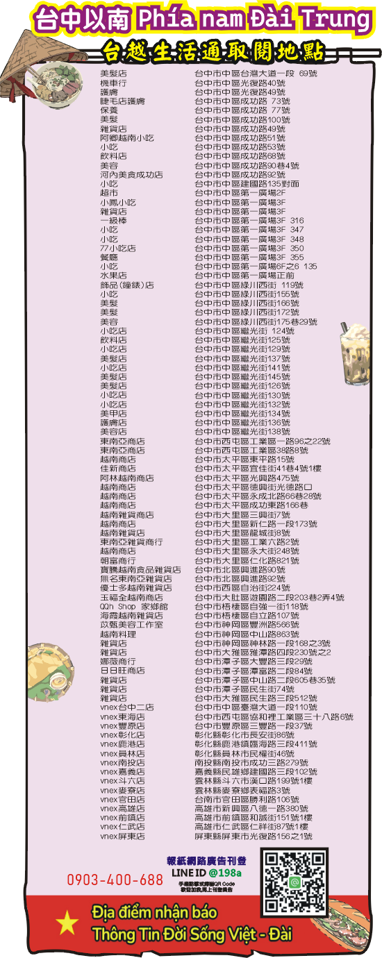 找工作 台越 免費取閱 台中以南 Phía nam Đài Trung 生活通新住民 發行餐廳  商店地址 