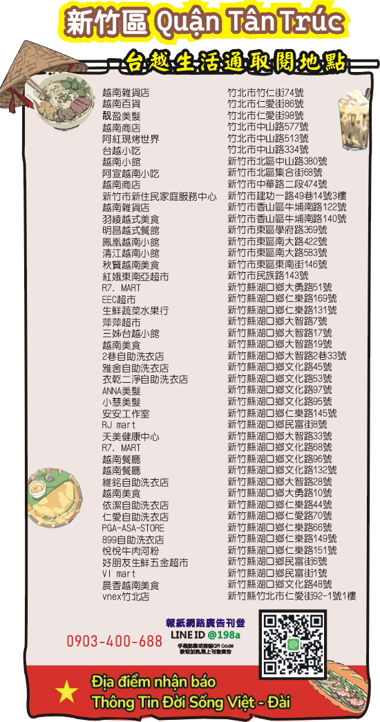 新竹區 找工作 生活通新住民 發行餐廳  商店地址 台越 Quận Tân Trúc 免費取閱