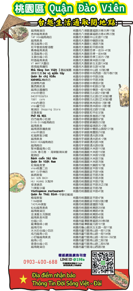 Quận Đào Viên  桃園區  台越  找工作 生活通免費取閱新住民 發行餐廳  商店地址